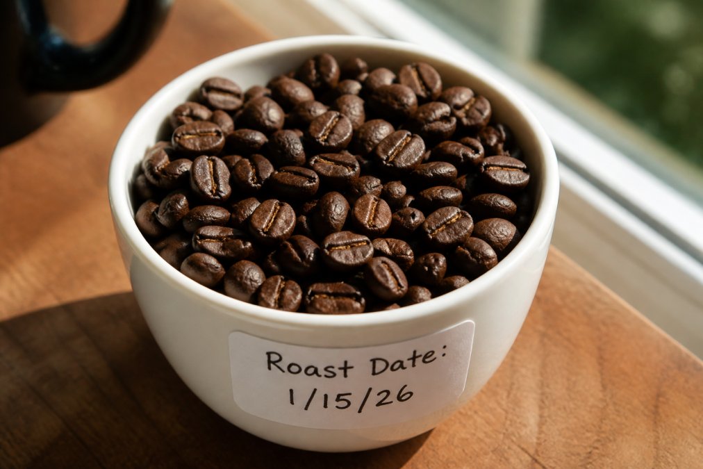 Close-up of freshly roasted single origin coffee beans in a white ceramic cup with roast date label visible, showing glossy surface and varied bean density, natural window light