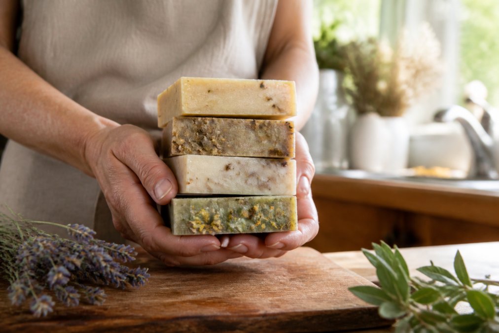 Hands holding a stack of rustic small batch artisan soap with botanical flecks on a sunlit wooden board