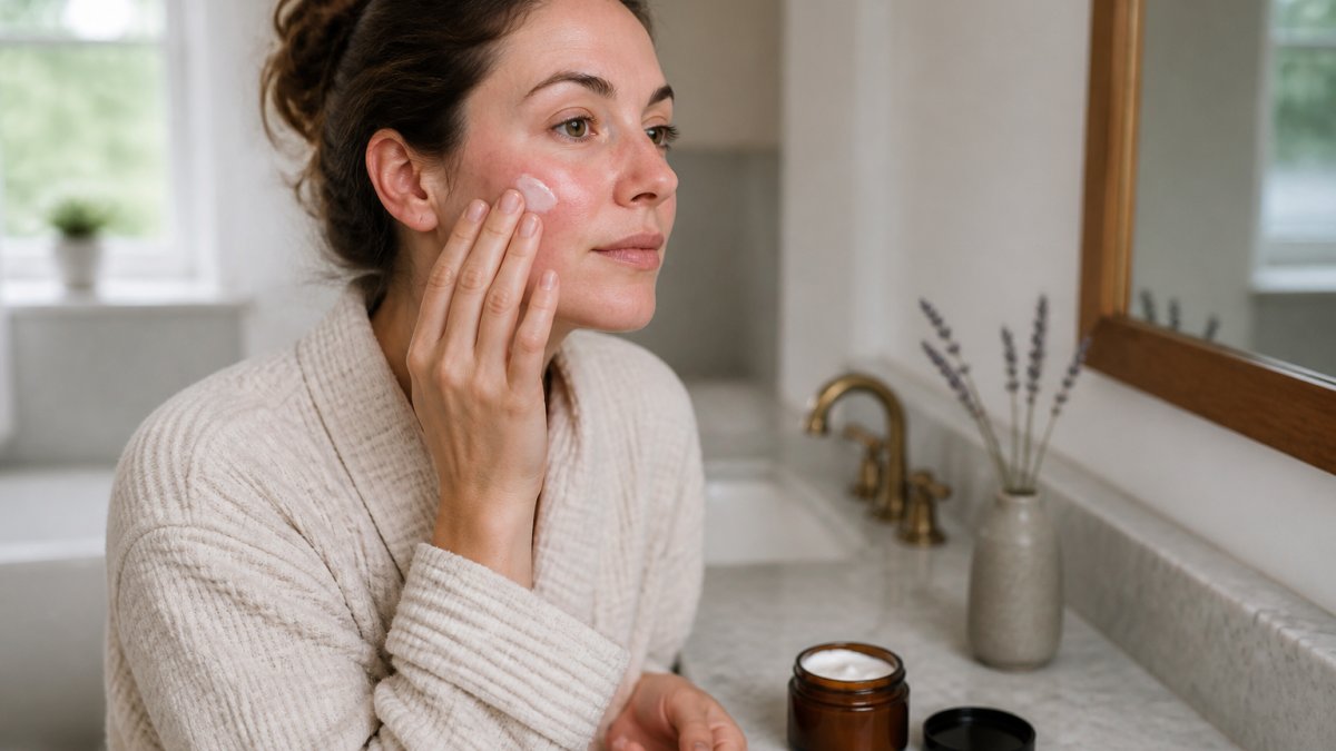 A woman with dry, sensitive skin gently applying a small amount of whipped tallow balm to her cheek in a calm, softly lit bathroom, with the open jar visible on the counter beside her