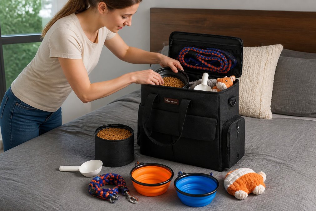 Dog owner packing a weekend travel bag on a bed, laying out collapsible bowls, food containers, leash, and toys alongside the travel organizer, natural window lighting