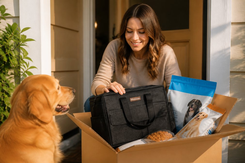 Person opening a delivery box at their front door, revealing neatly packed premium dog food bags and pet supplies, morning sunlight on their face