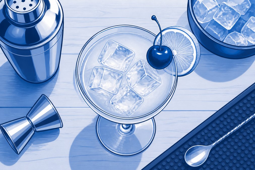 Overhead shot of a freshly made cocktail in a coupe glass with ice, garnished with a cherry and lime wheel, positioned on a wooden bar counter with a cocktail shaker and jigger visible in soft natural light