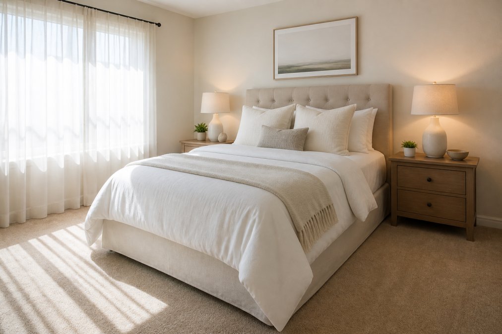 A neatly staged bedroom with decluttered nightstands, neutral white bedding, soft warm lamp light on both sides, and morning sunlight coming through sheer curtains, ready for a professional real estate photography session