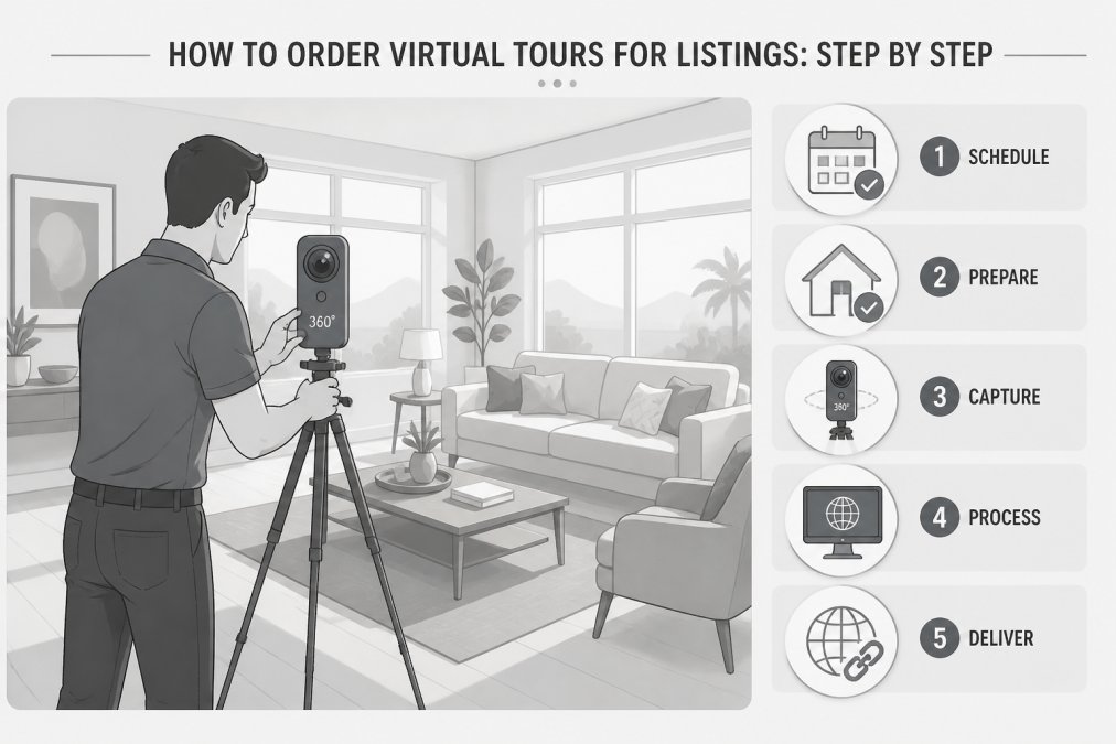 A real estate photographer setting up a 360-degree camera on a tripod in a bright, well-staged living room with large windows, warm afternoon light filling the space, and neutral furniture arranged around a central coffee table