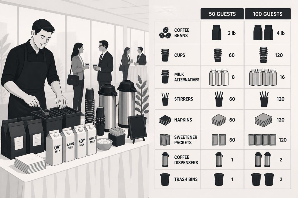 Professional barista arranging fresh coffee beans, cups, and milk alternatives on a white-draped event table with soft natural lighting from large windows, guests approaching the station in the background
