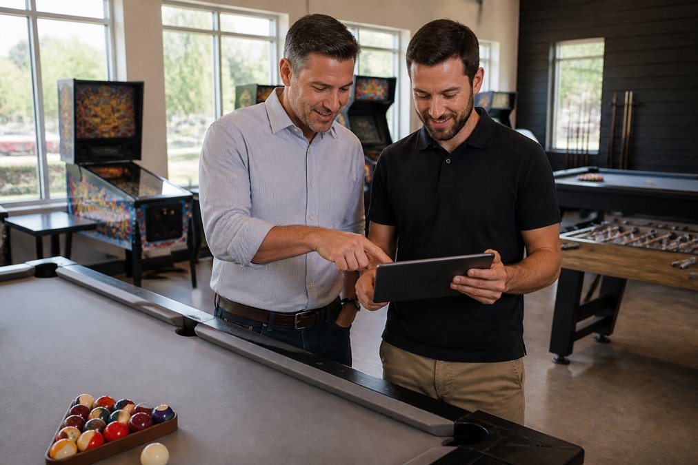 Venue owner and supplier reviewing a bulk game room floor plan on a tablet near arcade cabinets and pool tables