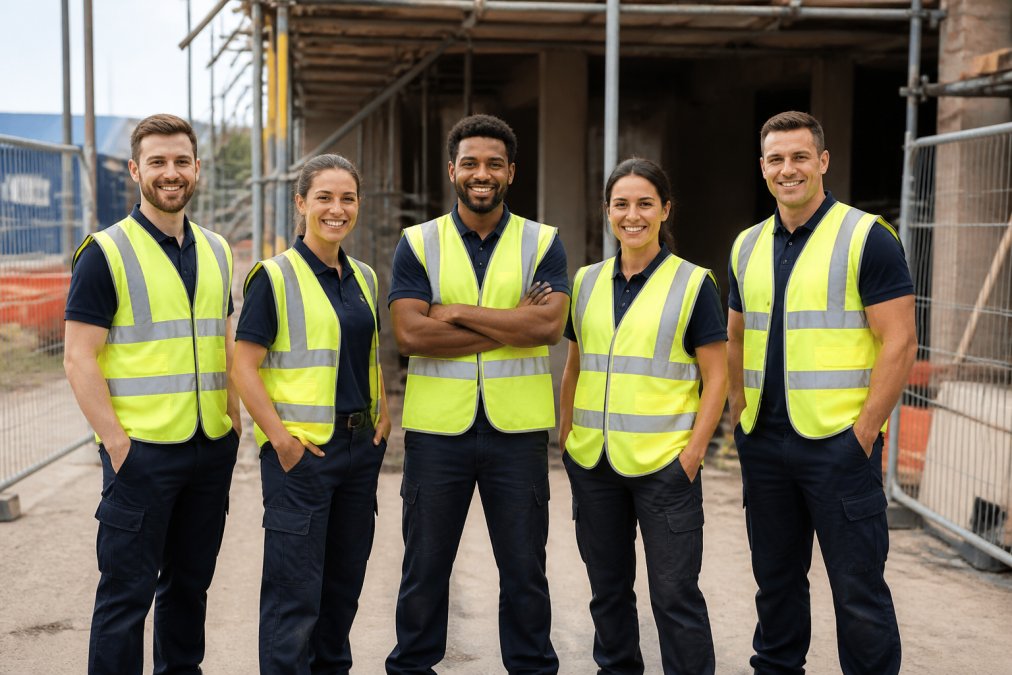 Five workers wearing branded custom uniforms and high-visibility vests standing outside a construction site