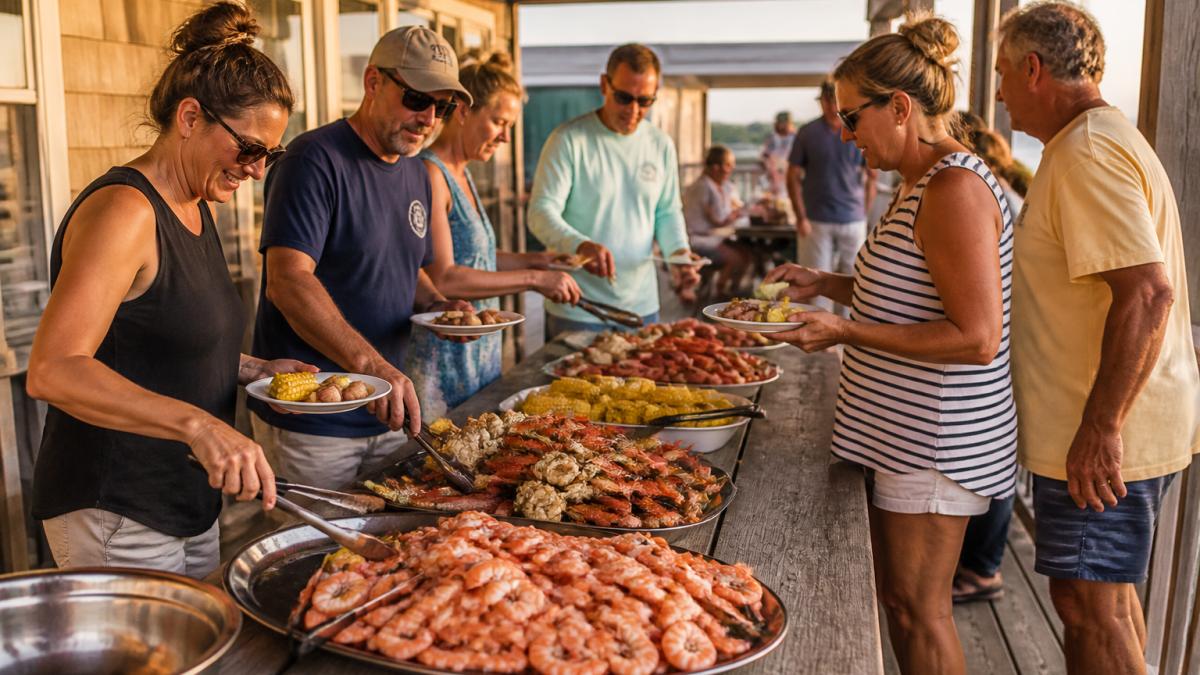 Infographic illustrating a family-style catering menu for large group gatherings featuring fresh seafood and sides.