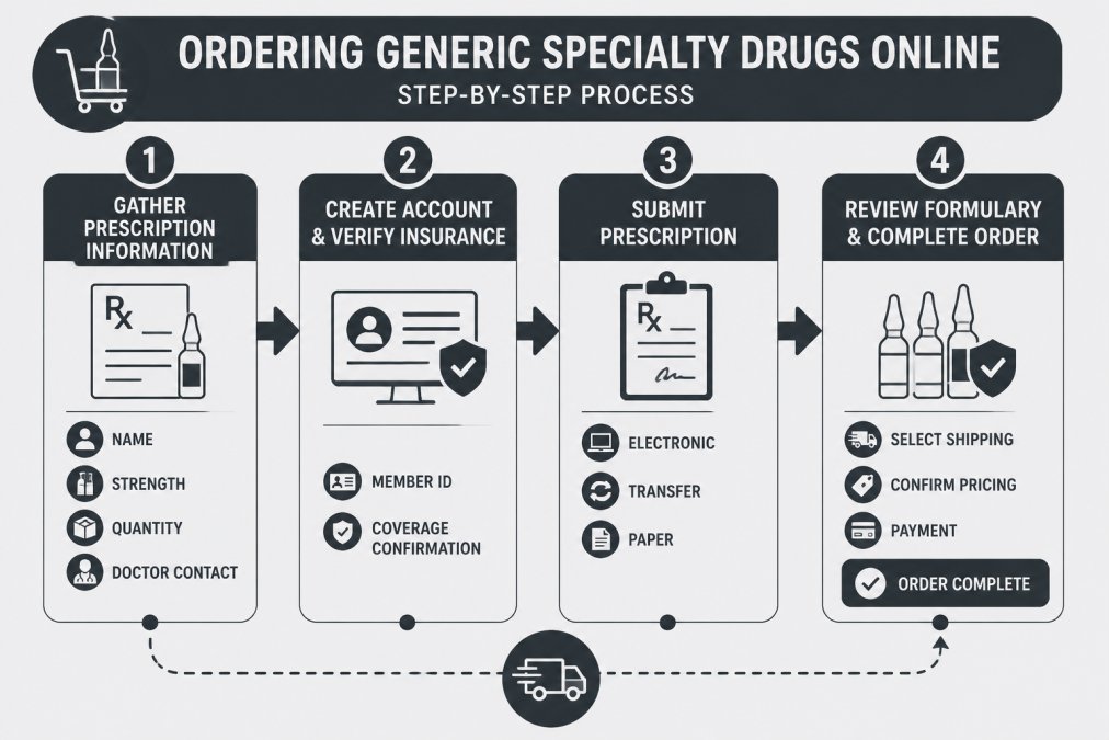 Flowchart showing the 4-step ordering process: Step 1 - Gather Prescription Information (name, strength, quantity, doctor contact), Step 2 - Create Account & Verify Insurance (member ID, coverage confirmation), Step 3 - Submit Prescription (electronic, transfer, or paper), Step 4 - Review Formulary & Complete Order (select shipping, confirm pricing, payment)