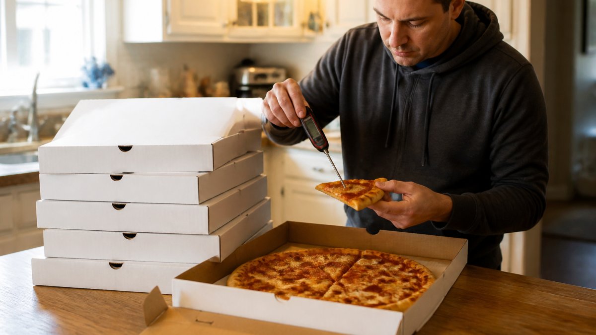 A stack of pizza boxes on a kitchen counter with a person checking the temperature of a slice, warm lighting, casual home setting