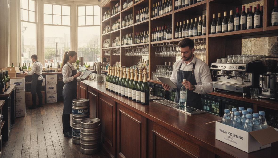 Busy bar interior with staff managing drinks stock on illuminated shelves, bottles organised by category, and a staff member checking order details on a tablet near the bar counter