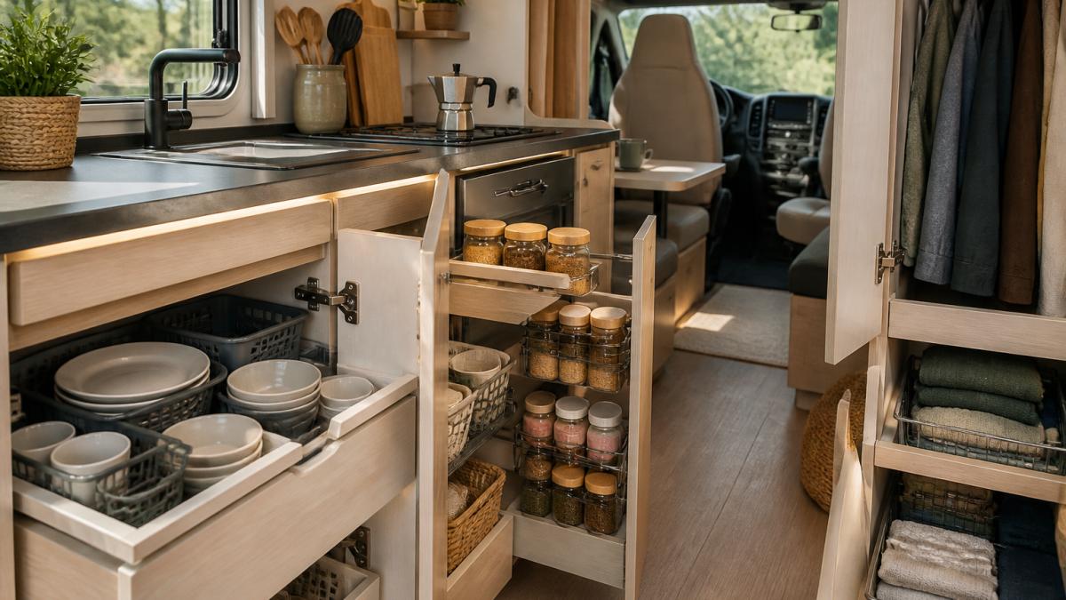Innenraum eines Wohnmobils mit geöffneten Küchenschränken, in denen Geschirr, Gewürze und Vorräte in Körben und Einsätzen übersichtlich sortiert sind, warmes Tageslicht fällt durch das Fenster