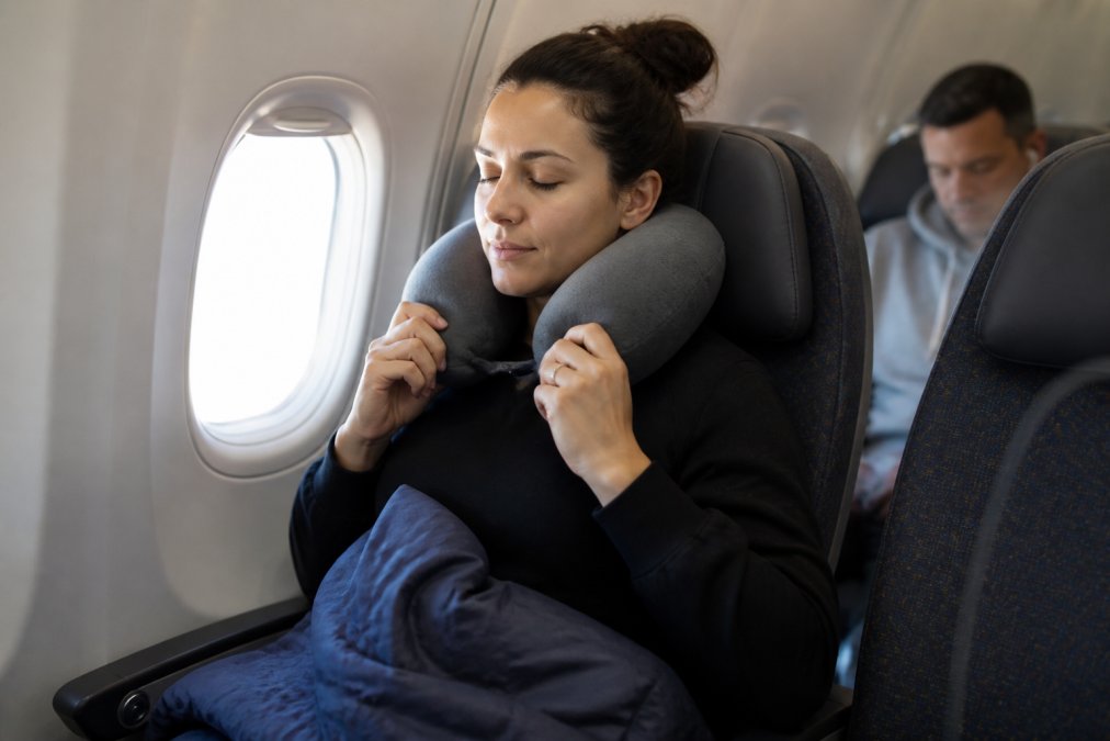 Close-up of a traveller in an airplane seat adjusting a memory foam neck pillow, cabin window light on their face, blanket on lap, realistic interior of a long-haul aircraft