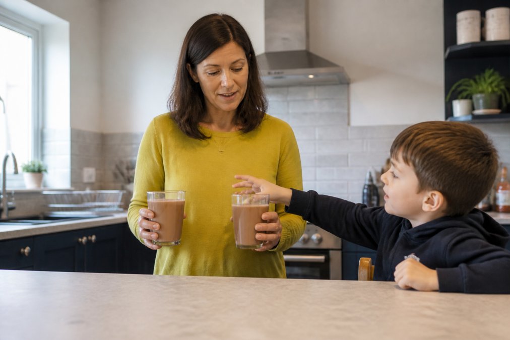 A parent in a bright UK kitchen holding two glasses of chocolate milk side by side, one labelled clearly, with a child reaching for one