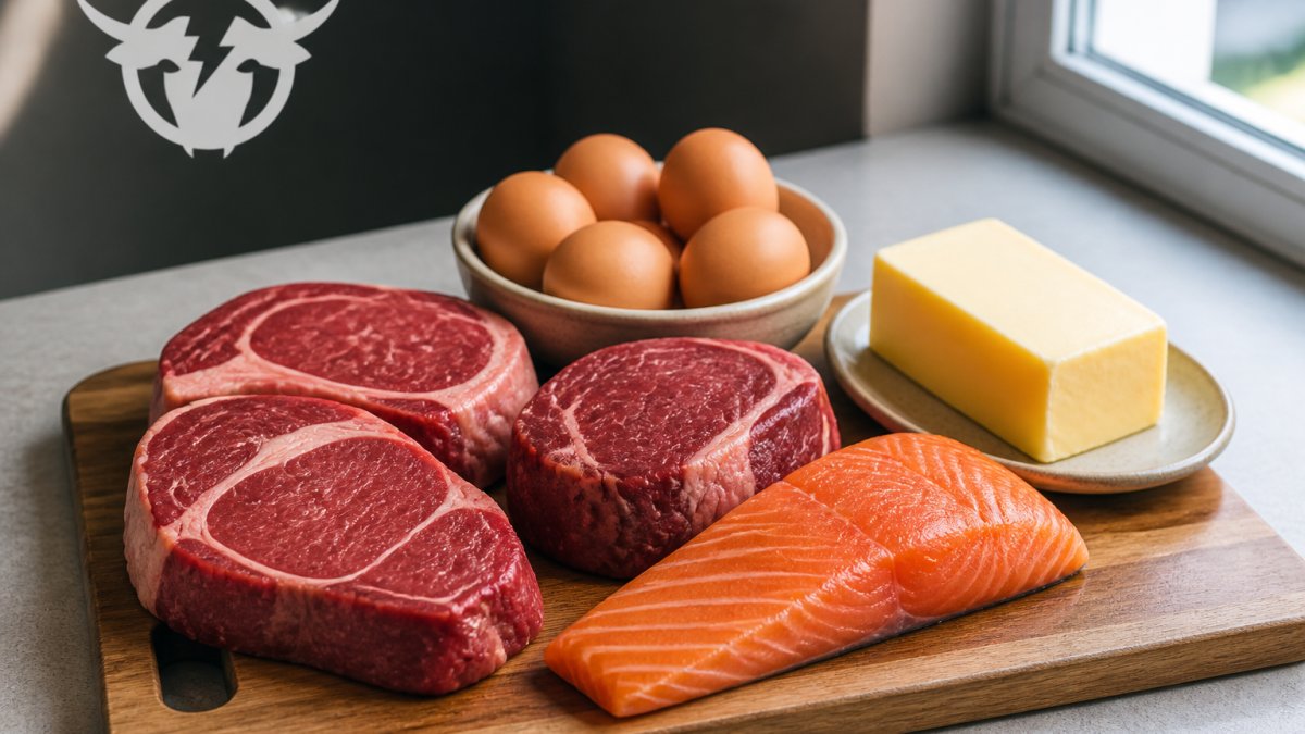 Raw beef steaks, eggs, salmon, and butter arranged on a wooden board