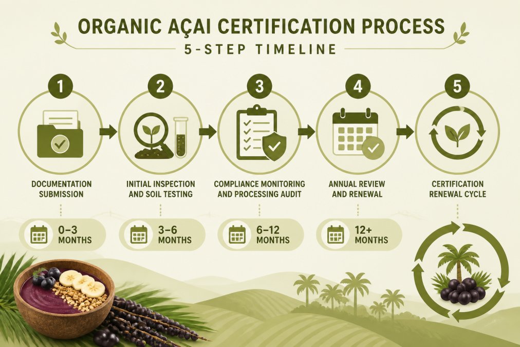Flowchart showing the 5-step organic açai certification process with specific timelines: Documentation submission (0-3 months) → Initial inspection and soil testing (3-6 months) → Compliance monitoring and processing audit (6-12 months) → Annual review and renewal (12+ months) → Certification renewal cycle
