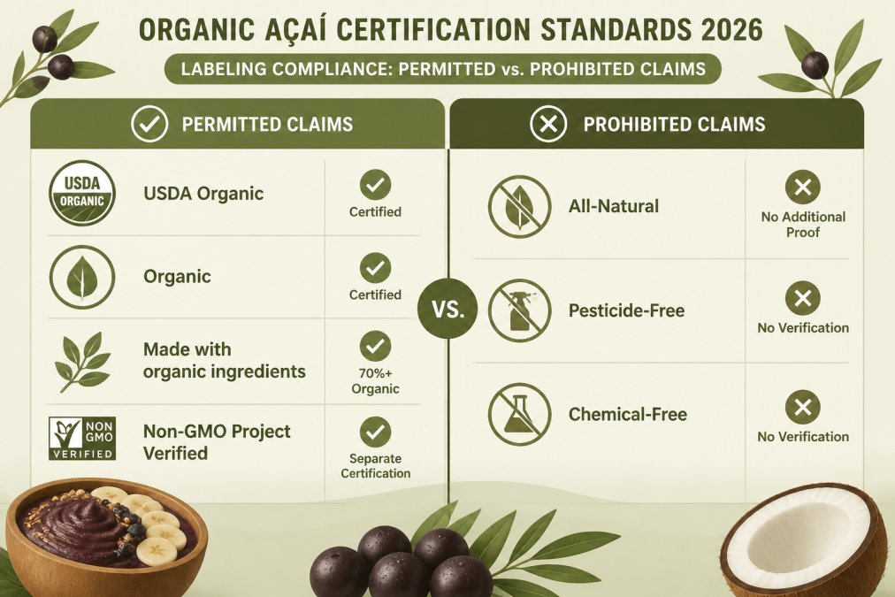 Comparison matrix showing labeling claims permitted vs. prohibited for organic açai products: "USDA Organic" (permitted with certification), "Organic" (permitted with certification), "Made with organic ingredients" (permitted if 70%+ organic), "All-Natural" (prohibited without additional proof), "Pesticide-Free" (prohibited without verification), "Chemical-Free" (prohibited without verification), "Non-GMO Project Verified" (permitted as separate certification)
