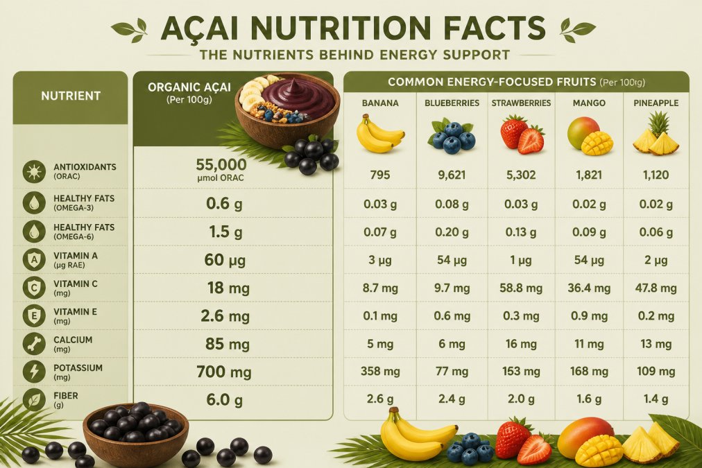Infographic comparing organic acai energy nutrients to common fruits, highlighting antioxidants and fats.