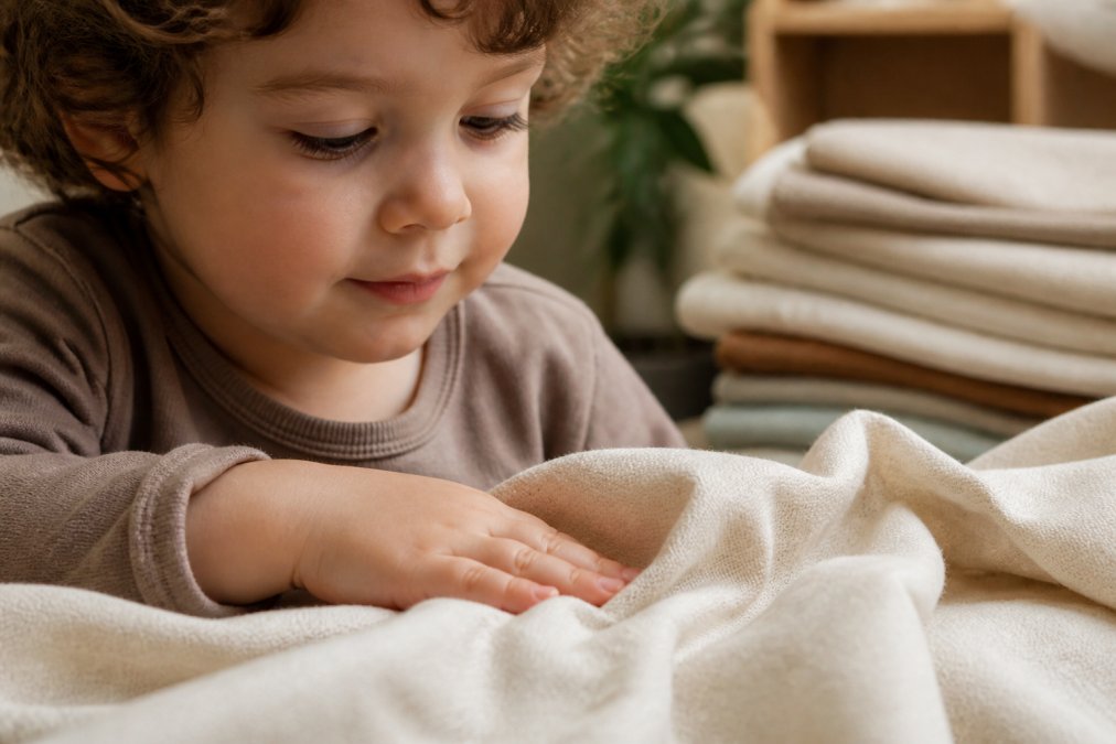 Close-up of a young child's hand gently touching the soft texture of organic cotton fabric, showing delicate tactile exploration with a peaceful expression