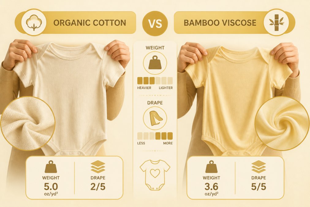 Parent carefully examining and comparing the texture of organic cotton and bamboo viscose garments side by side, showing the subtle differences in fabric weight and drape