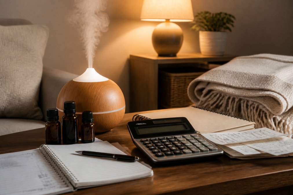 Infographic breakdown of costs for a Wellaroma aromatherapy survival kit including diffuser and oil prices.