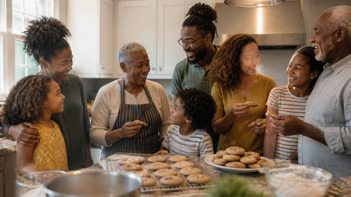 Diverse multi-generational family sharing fresh-baked cookies in a sunlit kitchen at home.