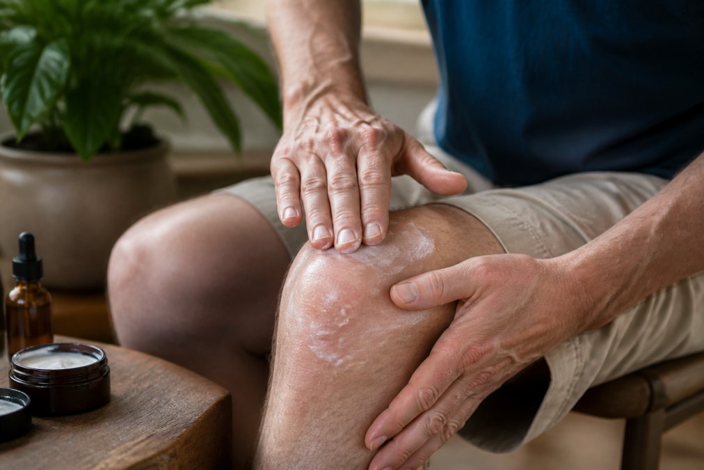 Close-up of hands applying CBD lotion to a sore knee joint with gentle circular massage motions on skin in natural daylight