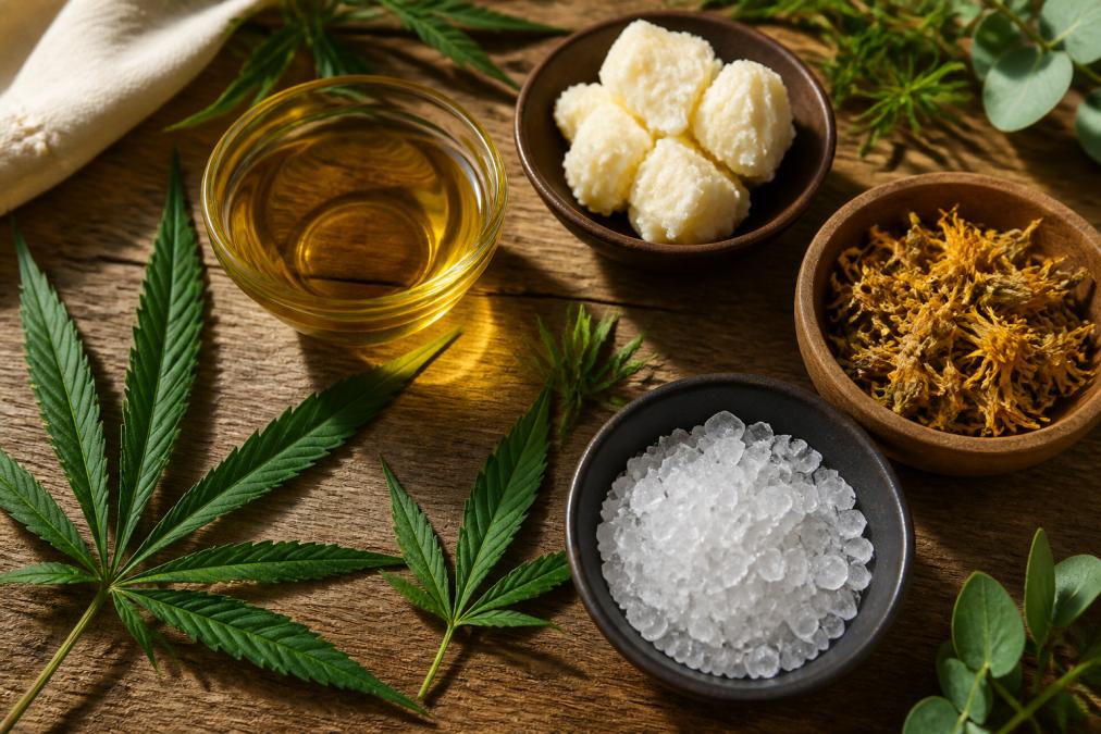 Overhead flat-lay arrangement of organic ingredients including golden coconut oil in glass bowl, shea butter, fresh green hemp leaves, dried arnica flowers, and menthol crystals on natural wood surface with soft morning light