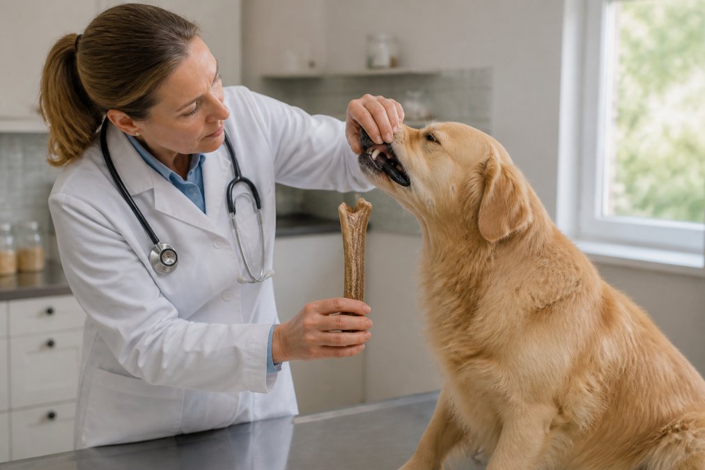 A veterinarian in a bright clinic examining a golden retriever's teeth and gums while holding a natural elk antler chew