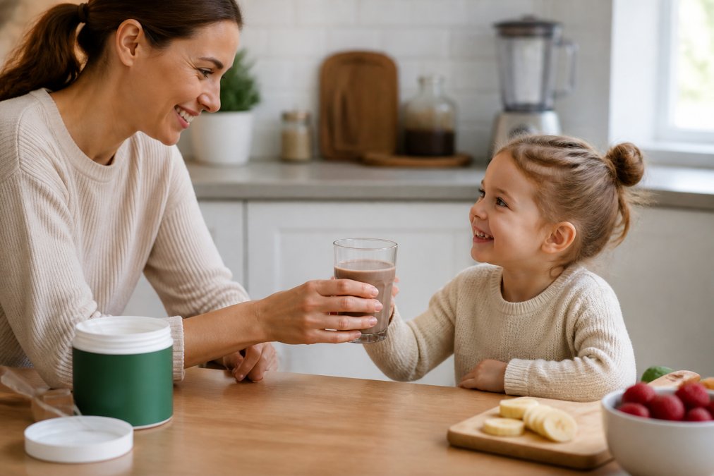 Happy mother giving chocolate milk mixed with organic children's supplements to her smiling young child.