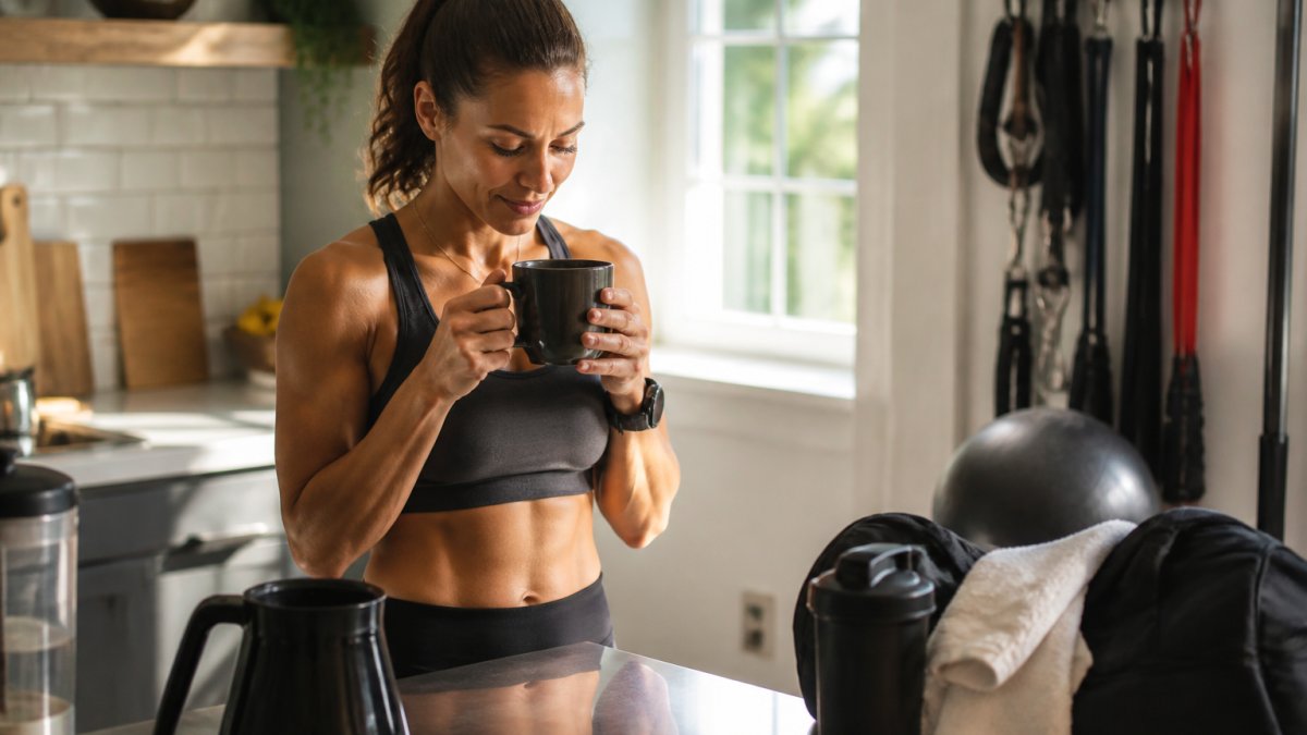 Athletic trainer holding a freshly brewed cup of coffee before morning workout in bright, natural-lit kitchen with training gear visible in background