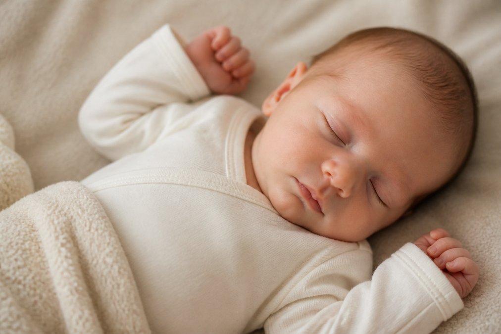 Close-up of a newborn baby wearing soft organic cotton clothing, showing comfortable fit and natural fabric texture against delicate sensitive skin in warm nursery lighting
