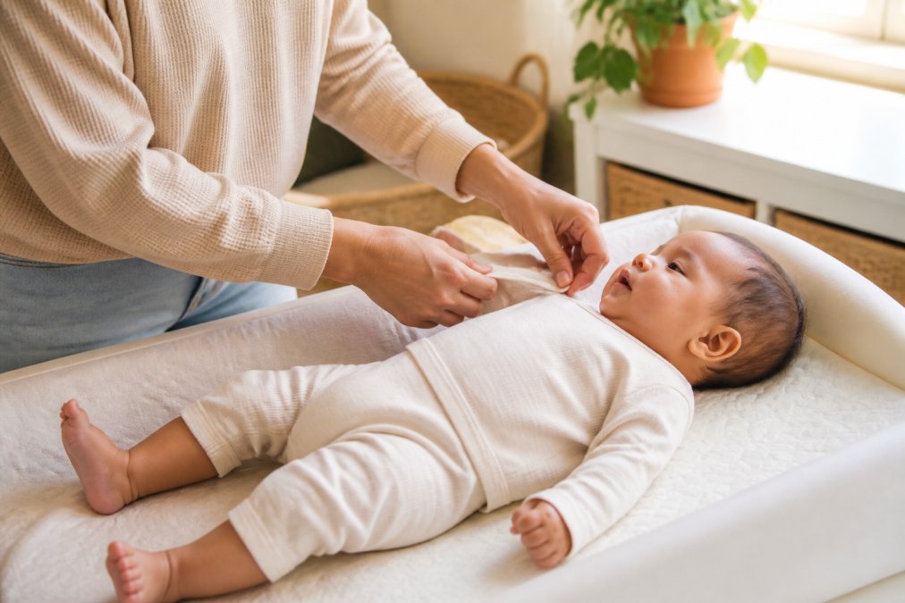 Parent gently dressing a baby in breathable, tag-free organic cotton clothing in a bright, naturally lit nursery setting while baby rests on changing pad