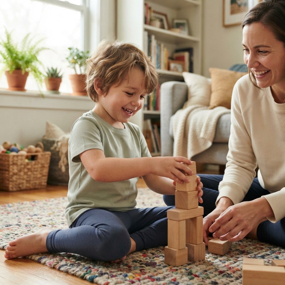 A young child with sensory sensitivities wearing a soft, tagless organic cotton t-shirt, smiling while playing with wooden blocks on a rug at home, warm natural light from a window