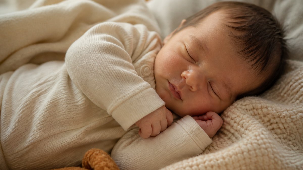 Close-up of a peaceful newborn sleeping peacefully while wearing soft, organic cotton clothing in warm natural light