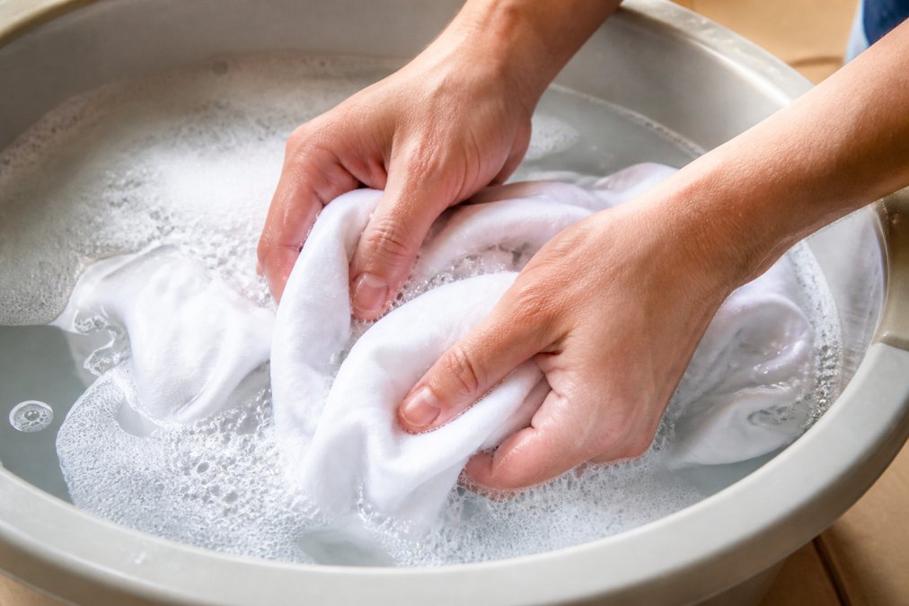 Close-up of hands gently washing an organic cotton funny t-shirt in cool water, showing proper care technique with soft fabric texture visible