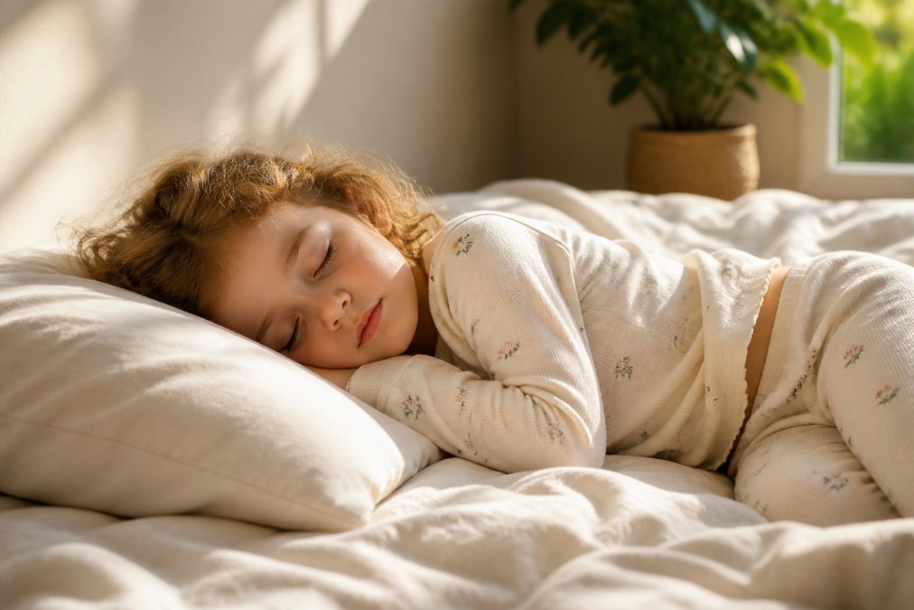 Young child sleeping peacefully in soft organic cotton pajamas, face relaxed on pillow in morning sunlight, showing restful comfort and contentment