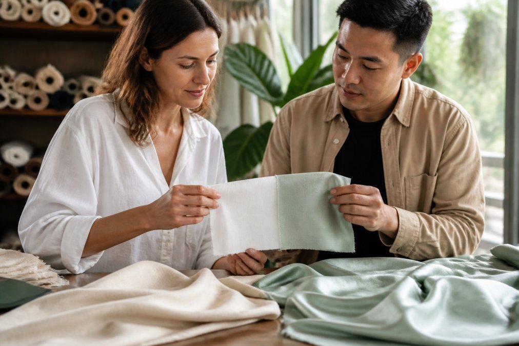 Side-by-side close-up of two fabric swatches held in natural light against a neutral linen background, one crisp white organic cotton with visible weave texture and one smooth, drapey bamboo viscose with a subtle sheen