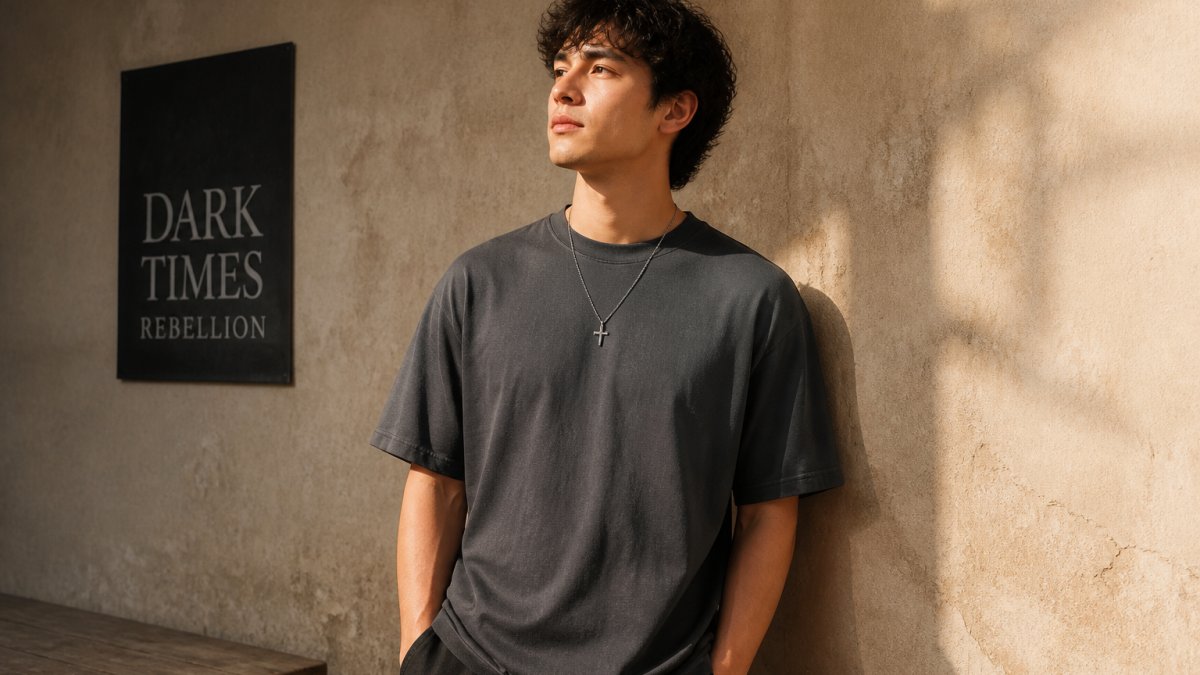 A young adult wearing a heavyweight grey Christian graphic tee, standing in warm natural light against a simple textured wall, calm and confident posture, streetwear styling