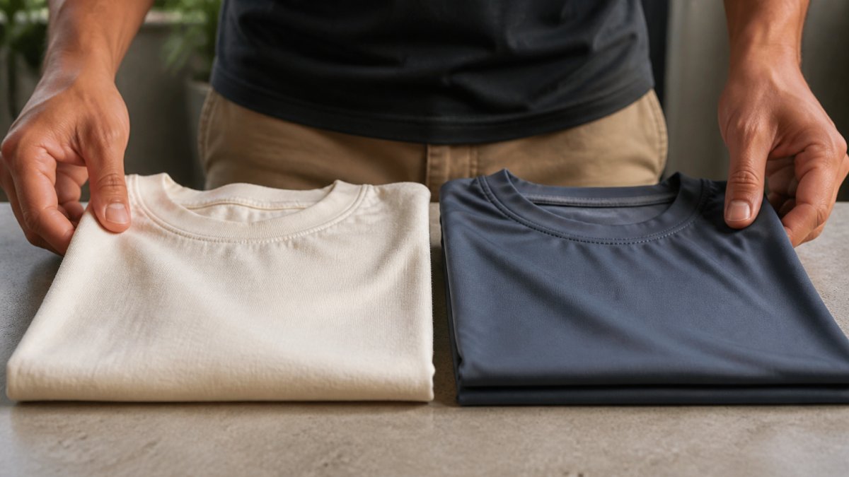Close-up of two folded graphic t-shirts side by side on a neutral surface, one organic cotton tee with visible natural texture and one polyester tee with a smooth sheen, soft daylight from a window