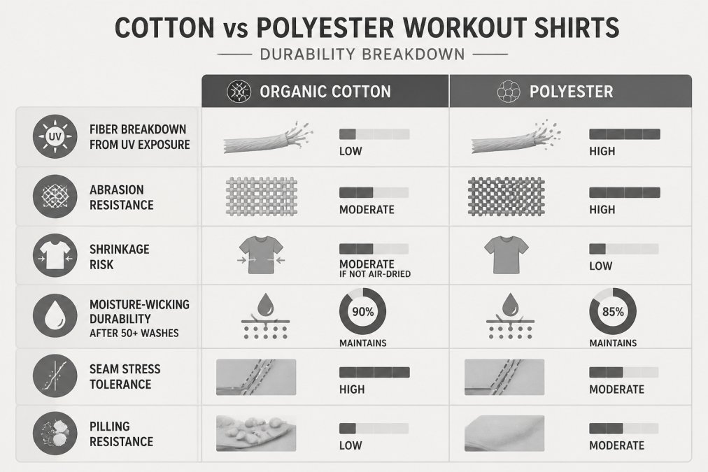 Comparison matrix detailing durability factors for organic cotton versus polyester workout fabric.