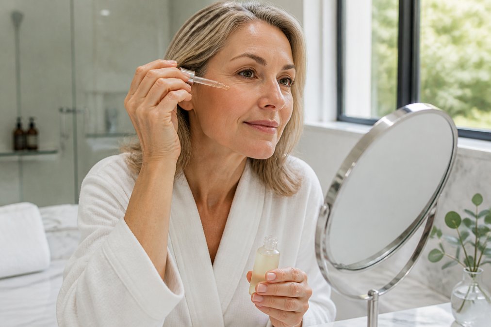 Woman in her 50s applying a drop of facial serum to her cheek in a bright, sunlit bathroom setting.