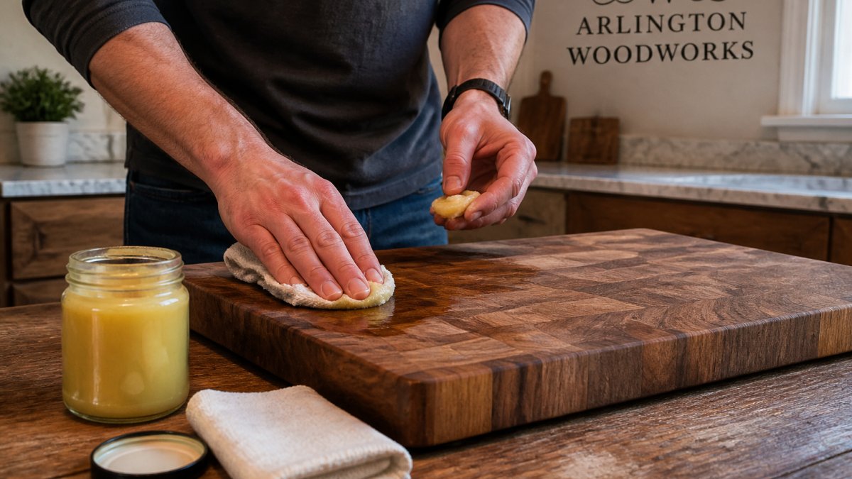 Hands applying wood balm to a cutting board with a cloth on a kitchen counter