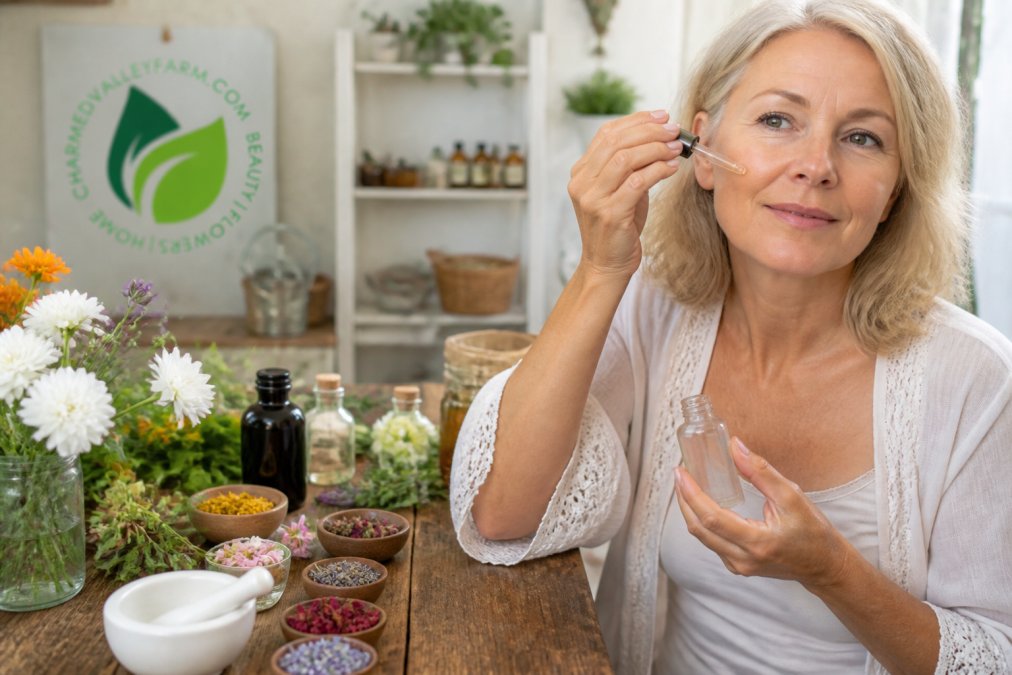 Woman in her 50s applying organic flower serum to her face, with fresh organic flowers and botanical ingredients visible on a wooden surface nearby