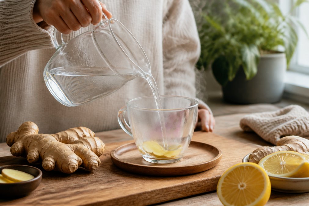 Hot water being poured over fresh ginger slices to prepare ginger tea for nausea in a clear glass cup