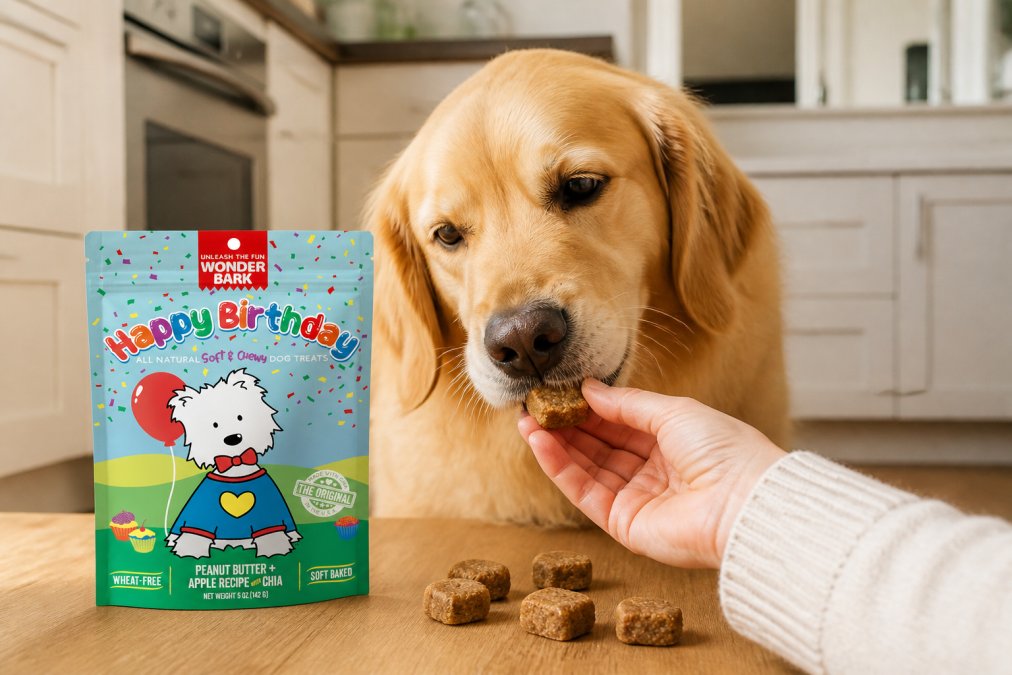 Close-up of a golden retriever eating organic dog treats from an owner's hand in a bright kitchen, the dog's focused expression and the treat texture clearly visible