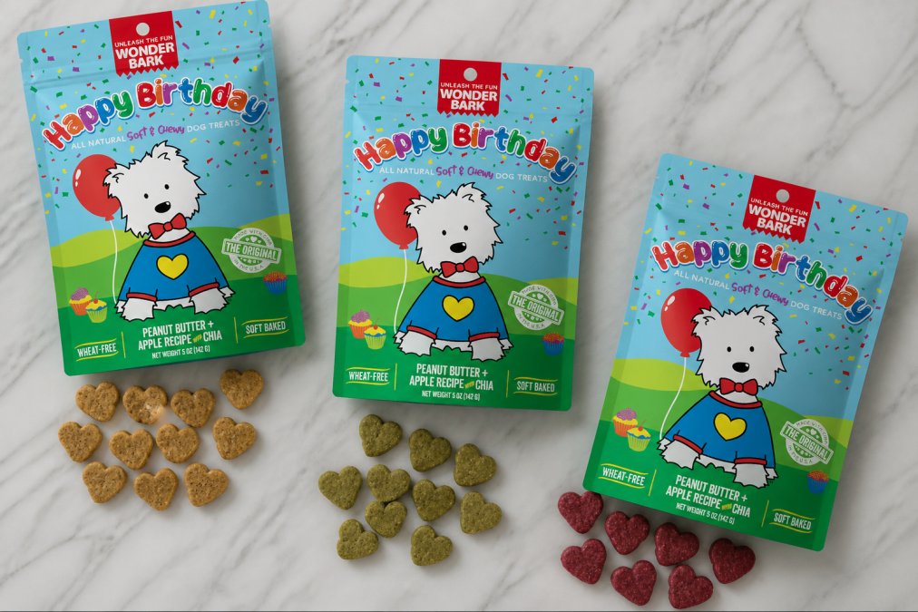 Flat-lay arrangement of Wonder Bark Everyday organic dog treats in multiple flavors alongside loose treats on a clean marble surface, showing the heart shape and different color varieties clearly
