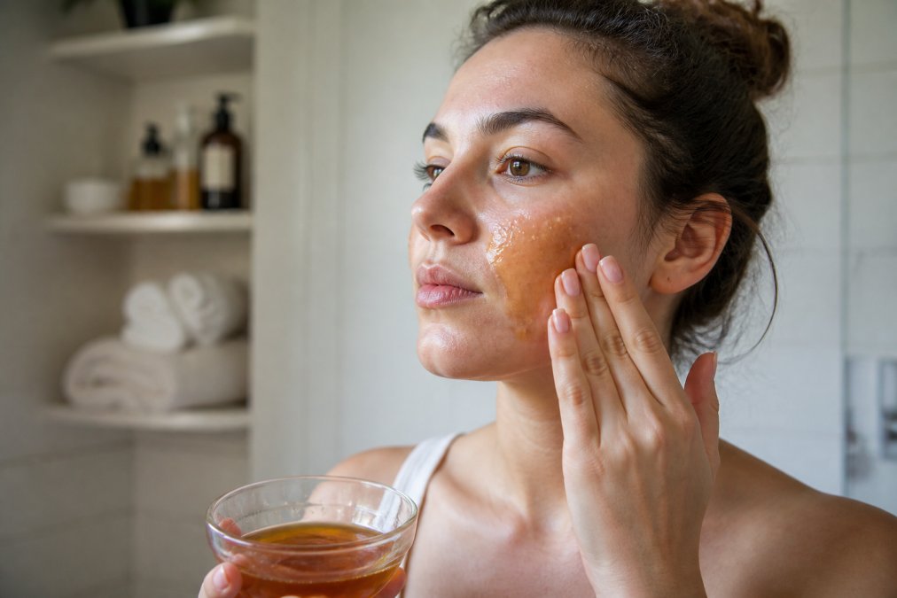 Close-up of hands applying golden organic honey to clean facial skin in a bright, calm bathroom setting with soft natural light