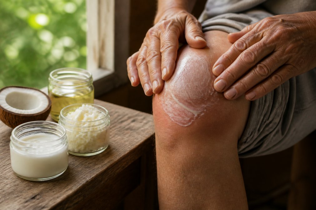 Close-up of hands applying a rich organic cream to a swollen knee joint, with glass jars of coconut oil and shea butter visible on a wooden surface nearby in natural window lighting