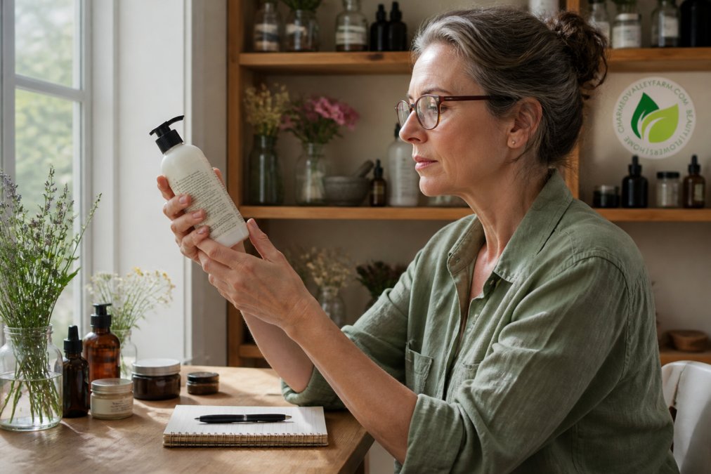 Woman in her 50s carefully examining a skincare product bottle label with reading glasses, holding it up to natural window light, with botanical products arranged on a wooden shelf behind her